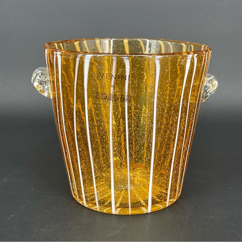 Vintage Venini Disaronno Murano Hand Blown Amber Glass Striped Ice Bucket